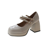 Thick Heel Square Head Small Leather Shoes Female 44 Big Size Spring And Autumn New Mary Jane French High Heel Fashion Single