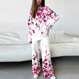 Lady Winter Knit 2pc Sets Fashion Gradient Print Turtleneck Pullover Top + Wide Leg Pant Suit Women Popular Casual Home