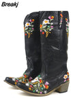 Retro Female Western Boots Wood Sole Spike Heels Pointed Toe Slip-On Floral Flower Ankle Boots Shoes Plus Size