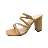 2022 Fashion GLADIATOR Womens Sandals White Solid PU Leather Square Toe Femme High Heel Party Dress Women Slipper Shoes