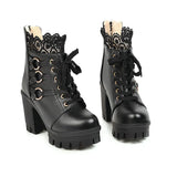 Women Chunky Platform Ankle Boots Lolita Super High Heel Lace Up Boots Sweet Lace Back Zipper Princess Cosplay Shoes Black