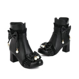 Womens Chunky Med Heel Ankle Booties Sweet Lolita Bow Lace Up Boots with Side Zipper Cosplay Shoes Pink Black White Size