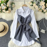 Summer New Arrival Office Ladies Long Sleeve White Shirt Retro Shirt Dress Sling Outside with Belt Slim Two-piece