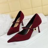 Breakj Korean Version Of Fashion Banquet High Heels Women's Shoes With Light Corduroy Stitching Pointed One Word Belt Single