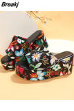 Women's Summer Shoes 2023 Casual Thick Sole Wedge Slippers Flip-flops Outdoor Beach Fish Mouth Shoes Popular Print