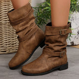 The Autumn And Winter Of 2025, The Belt Buckle Round Head Thick Bottom Mid-Sleet Boots Women Flat Bottom Low Heel