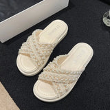Breakj Bottom Slippers Women 2025 Summer Korean Version Of The New Small Fragrant Wind Cross Pearl Fashion Wearing Loose Cake Cool