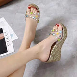 2020 Women Transparent Clear Crystal Sequins Platform Wedge Thick Sole Sandals High Heels Mules Slides Summer Beach