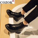 New Black Boots Men's Korean Version Student All-match Mid-Top Boots Men's Waterproof Hight-Top Leather Shoes