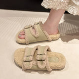 Slippers Female 2024 Autumn / Winter New Korean Version Of Fashion Color Stitching Soft Wool And Velvet Belt Buckle
