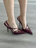 New Patent Leather One Word Buckle Cat With Baotou Sandals Women's Black Silk Pointed High