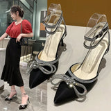 Breakj Summer New Korean Version Sweet Bow Water Diamond One Word Buckle High Heel Sandals Baotou Thin Heel Women's