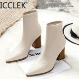 2020 New Women's Boots Fashion Ankle Boots Pointed Toe Square Heel Pu Women's Boots Black Beige Zapatos De Mujer