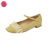 Spring Autumn Full Real Leather Sweet Lolita Shoes Square Toe Ruffles Pearls Buckle Strap Chuncky Heels Elegant Party
