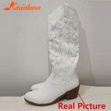 Women's Western Boots 2023 Autumn Winter Fashion Chunky Heeled Cowboy Boots Vintage Style Country Western Cowgirl White