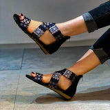 One Belt Sandals Women Summer 2022 Girl Sexy Cotton Fabric Zipper Gradiator Open-Toe Flat Rubber Outsole Shoes Size