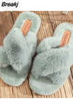 Women Warm Fluffy Slippers Cozy Faux Fur Cross Indoor Floor Slides Flat Soft Furry Ladies Female Celebrities Flip