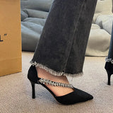 New Fashion Women Pointed Toe Dress Rhinestone Wedding Party Pumps Black Suede Sandal Crystal Embellished High Heels