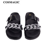 Summer Women Metal Chains Slipper Open Toe Runway Ladies Green Black White Med Heel Slides Shoes Peep Toe