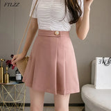 New High Waist Women Mini Pleated Skirt Casual Spring Summer Female Singel Button Short Skirts Ins Ladies Black Pink