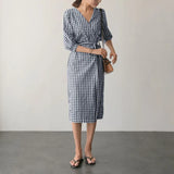 Vintage Check Dress Women's Summer Sundress ZANZEA 2022 Casual V Neck Robe Female Short Sleeve Mid-Calf