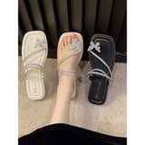 Breakj Summer New Ins Korean Version Of The Bow Sandals Women Flat-Bottomed Fairy Water Drill Clip Cool Slippers Women