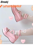 Great Quality Lolita Cosplay Black Pink Wedges Pumps Platform Heart Women Mary Janes Buckle Strap Gothic Shoes