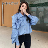 Casual Blue Striped Shirts For Women Lapel Long Sleeve Korean Bowknot Patchwork Blouses Female 2021 Spring