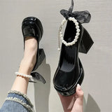Ladies High Heels Elegant Bow Square Toe Black High Heels Fashion Thick Heel Wedding Party Pearl Lace Wedding Shoes