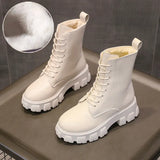 Platform Ankle Boots for Women 2021 Autumn Winter Warm Plush PU Leather Botas Mujer Thick Sole Lace Up Shoes