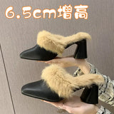 / Winter 2023 Korean Version Of Thick-Heeled Baotou Slippers, Feminine, High-Heeled, Square-Headed Rabbit Hair, Semi-Draped Leather, Fashionable Muller