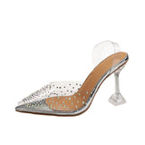 2023 Summer New Korean Version Pointed Diamond Wine Glass With High Heel Sandals Women's Fashion Transparent Crystal