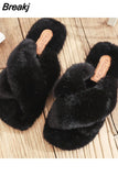 Women Warm Fluffy Slippers Cozy Faux Fur Cross Indoor Floor Slides Flat Soft Furry Ladies Female Celebrities Flip
