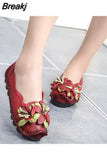 35-42 Genuine Leather Summer Flats Women Soft Slip-On Flat Shoes Black Red Floral Mom Loafers Moccasin Lady Designer