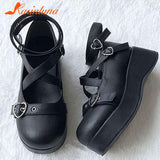 Great Quality Lolita Cosplay Black Pink Wedges Pumps Platform Heart Women Mary Janes Buckle Strap Gothic Shoes