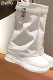 New Brand Trendy 2023 Fashion Mid Calf Boots Thick Heeled Metal Buckle Short Women Boots Leather Female Shark
