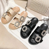 Brand Rhinestone Buckle Sandals Women Double Band Slippers Crystal Shoes Ladies Casual Slides Slip On Flat Heels Flip