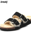 2023 New Fur Inside Cork Slipper Autumn Winter Women Casual Nubuck Leather Outside Men Buckle Soft Plush Slides