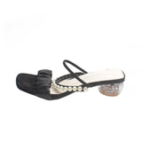 Summer Slippers Clear Pearls Pleated Med Heel Slides Fashion Round Ball Heel Slipper for Party Shoes Women Sandals Women
