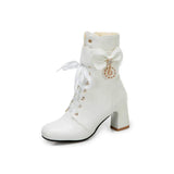 Women Sweet Bow Boots Mid Heels Lace Up Lolita Bow-Knot Side Zipper Ankle Booties Crystal Pendant Pink Black White Size