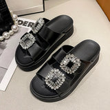 Brand Rhinestone Shoes Ladies High Heels Platform Sandals Double Buckle Band Slippers Woman Muffins Crystal FlipFlops