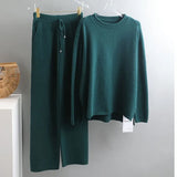 2 Pieces Set Women Knitted Tracksuit O-neck Sweater + Granny pants Sweater Set female Knitted sweater suit Homewear