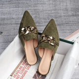 Shoes Mules For Women 2024 Ladies' Slippers Rivet Cover Toe Butterfly-Knot Low Square heel Loafers Flock New Pointed