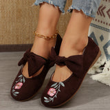 Breakj Embroidered Bow Flat Bottom Mary Jane Single Shoes Women's National Style Set Lightweight Work