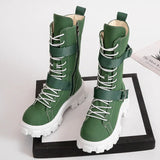 Women Mid-Calf Boots Autumn Winter Punk PU Leather Boots Women Zipper Cross-tied Riding Boots High Heels Stretch