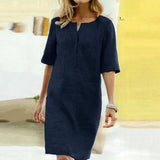 2020 Winter Autumn Button Cotton Linen Dress women Elegant O-Neck Knee length Long Sleeve Pocket Solid Dress Plus