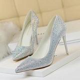Breakj Korean Version Of Fashion Banquet Women's Shoes Thin Heel Shallow Mouth Pointed Head Sexy Show Thin Water Diamond Color Diamond High Heel Single