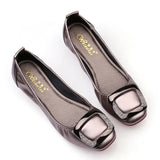 Ballet Flats Shoes Women Fashion Foldable Square Toe Rhinestone Buckle Golden PU Leather Ballerina Shoes Soft