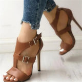 Sandals Summer Gladiator Fine High Heels Leather Peep Toes Ankle Buckle Strap Woman Party Shoes Black Sandalia Mujer