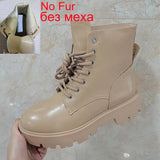 Women Genuine Leather Motorcycle Boots Round Toe Lace Up Shoes Thick Med Heel Ladies Ankle Boots 2021 Autumn Winter
